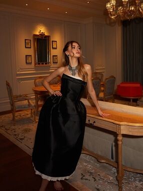 Black Strapless Satin Midi Dress Felisara black bowknot midi dress Miss Rossier